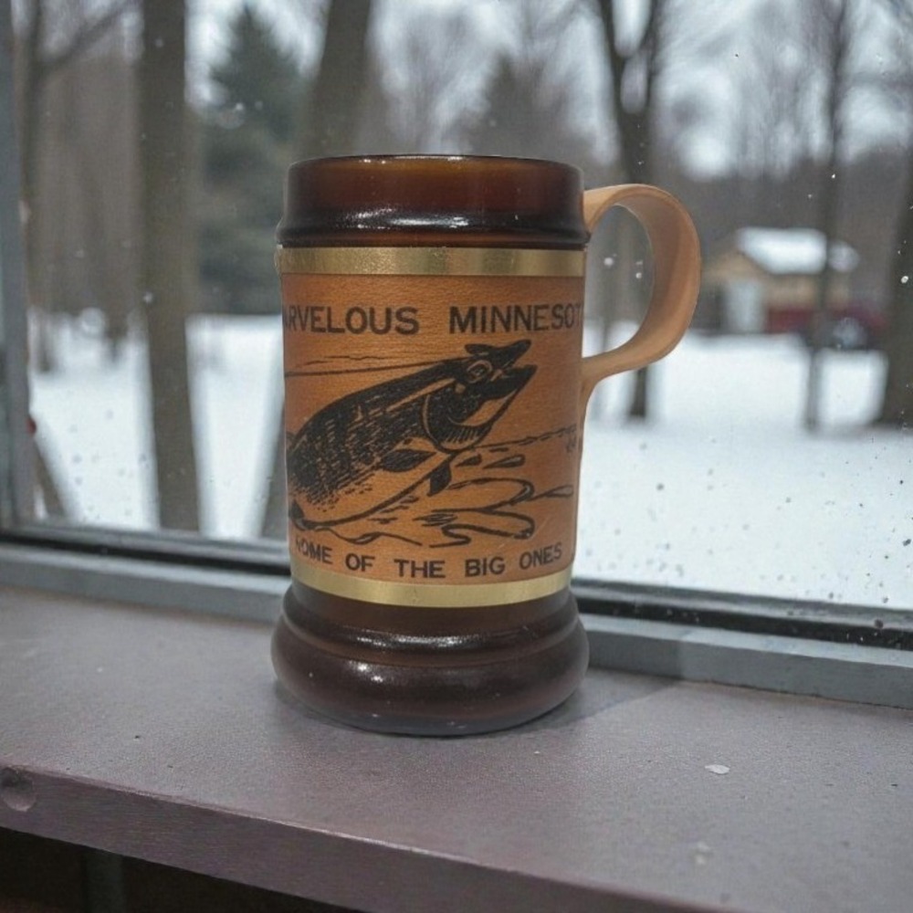 Marvelous Minnesota "Big‎ Ones" Amber Glass Mug, Wood Wrapped Handle, Drinkware